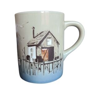 Vtg Nautical Fishing Shack Stoneware Coffee Mug Blue Cream Boats Down East Craft
